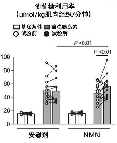 图3  (Yoshino et al., 2021 | Science) 补充NMN显著改善了骨骼肌的葡萄糖代谢率。图中显示了糖尿病前期的绝经后妇女在连续10周每天服用250mg NMN胶囊之前和之后，骨骼肌在胰岛素刺激下的葡萄糖代谢情况。与安慰剂组相比，NMN治疗组在输注胰岛素后的葡萄糖代谢率显著提高。这些结果表明，NMN通过提高葡萄糖代谢率，改善糖尿病前期妇女的肌肉葡萄糖代谢功能。
