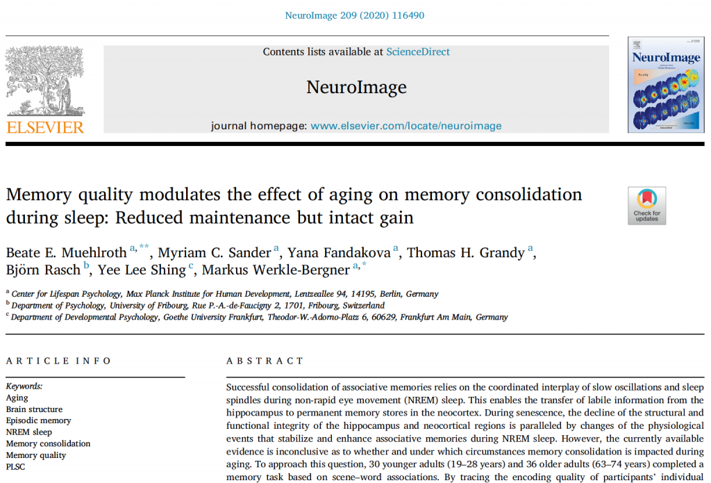 图4: 自德国马克斯·普朗克人类发展研究所的神经科学家Muehlroth等人在《神经成像》期刊发表的一项研究证明，与年轻人相比，老年人的慢波睡眠(SWS)（也就是深度睡眠时长）显著减少，记忆巩固能力也更弱，短时记忆难以形成长时记忆，这一现象在中等质量记忆中表现得尤为明显。