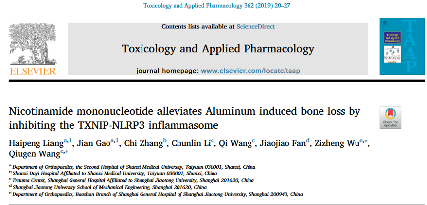 图3. 《毒理与应用药理学》发表的文章称，NMN通过抑制TXNIP-NLRP3炎性小体来减轻铝诱导的骨质流失。